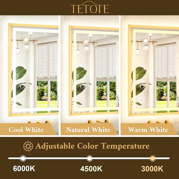 24 x 30 Bathroom Mirror Brushed Gold Metal Frame Frontlit & Backlit Vanity Mirror 3 Colors White/Warm/Natural Stepless Dimmable Anti-Fog Bathroom Mirrors for Vanity Wall-Mounted