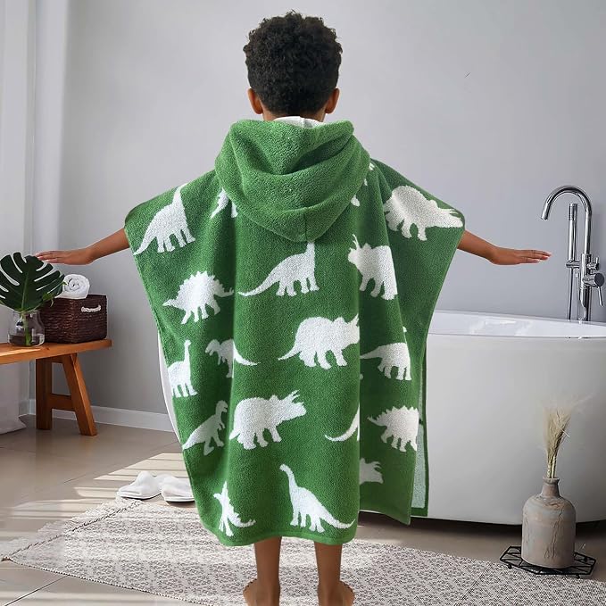 VOOVA & MOVAS Poncho Towel for Kids, 4-8 Years, 100% Cotton, Thick,Dino | 28"x28" Large Size, Cute Dinosaur Jacquard, Soft, Absorbent & Quick Dry, Fits Pool, Bathroom and Swimming