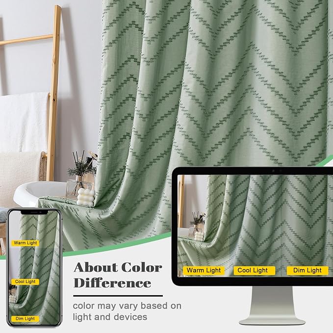 Sage Green Fabric Shower Curtain, Boho Shower Curtains for Bathroom Chic Tufted Chevron Striped Textured with Tassel, Soft Hotel Style Farmhouse, Machine Washable, 72x78, Sage Green