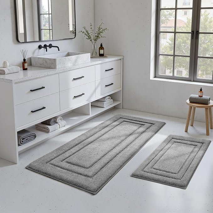 HOMEIDEAS 2 Pieces Large Bathroom Rug, Super Soft and Absorbent Long Rugs, Non Slip and Microfiber Bath Mat for Bathroom Decor (20"x47"+16" x 24", Grey)