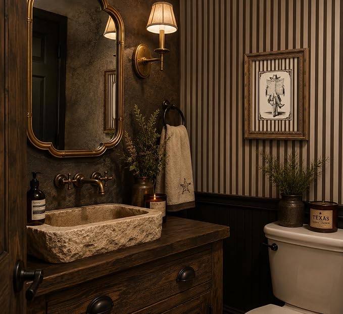 Vintage Gold Framed Bathroom Wall Art, Sketch Striped Cowgirl Canvas Paint | Antique Cowgirl Bathroom Wall Decor, Rustic Humorous Striped Bathroom Picture for Restroom Home Decoration, 12x16in