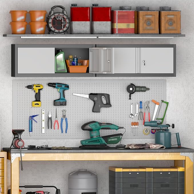 Metal Wall Cabinet with Doors,Garage Storage Cabinet Wall Mounted,Lockable Cabinets for Home Office,Garage,Warehouse,Grey-Black