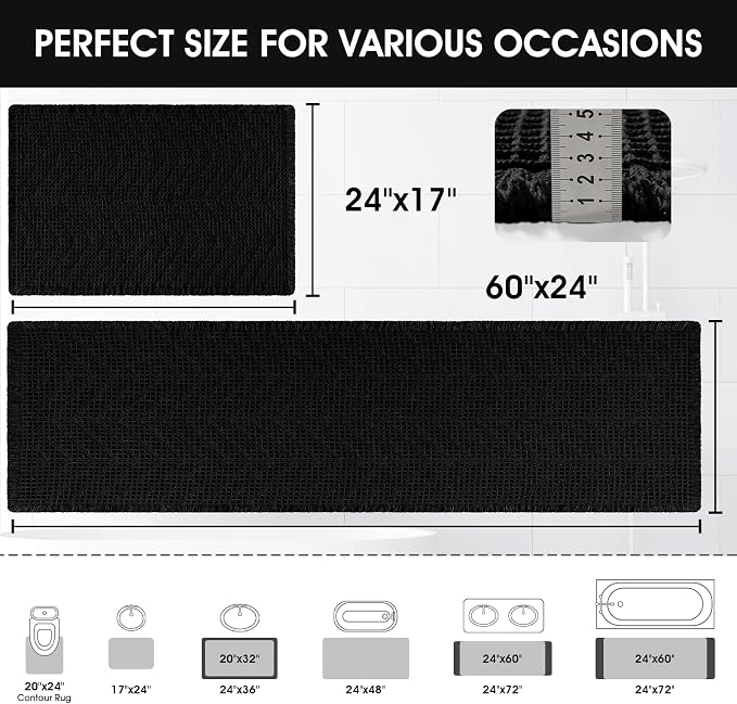 Upgraded Waffle Bath Mat Set 2 Piece Black-Herringbone, Super Absorbent Non-Slip Quick Dry Bathroom Rugs with Tassels, Machine Washable Ultra Soft Boho Bath Rugs, Toilet Mats Boho Farmhouse Decor