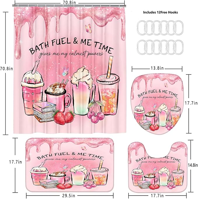 LQCOOL Pink Shower Curtain Set with Rugs,Waterproof Bathroom Sets Pink Shower Curtain with 12 Hooks for Bathroom Decor,Toilet Lid Cover & U-Shaped Mat | Sweet and Pink,Waterproof Polyester & Soft Flannel.12 Hooks, Toilet Lid Cover & U-Shaped Mat for Mo...