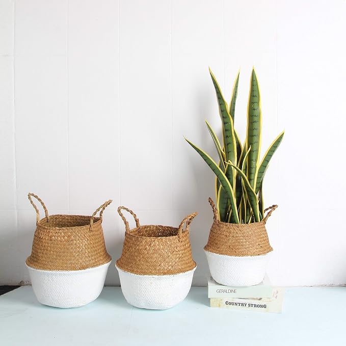 Woven Seagrass Belly Basket for Storage, Laundry, Picnic, Plant Pot Cover, and Grocery and Toy Storage (Large, White)