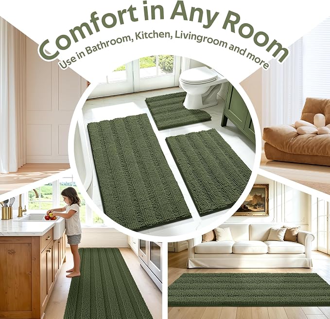 Christmas Striped Olive Green Bathroom Rug Mat Set 2 piece 32"x20"+60"x20" Ultra Soft, Non Slip Chenille Bath Rugs, Absorbent Plush Shaggy Bath Mats for Bathroom, Bedroom, Kitchen, Shower, Tub