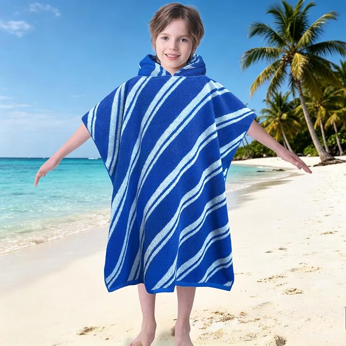 VOOVA & MOVAS Kids Hooded Poncho Towel, 4-8 Years, 100% Cotton,Blue Stripe | 27.5"x27.5" Size, Jacquard Stripe Craft, Soft, Absorbent & Quick Dry, for Bathroom, Pool, Beach and Swimming