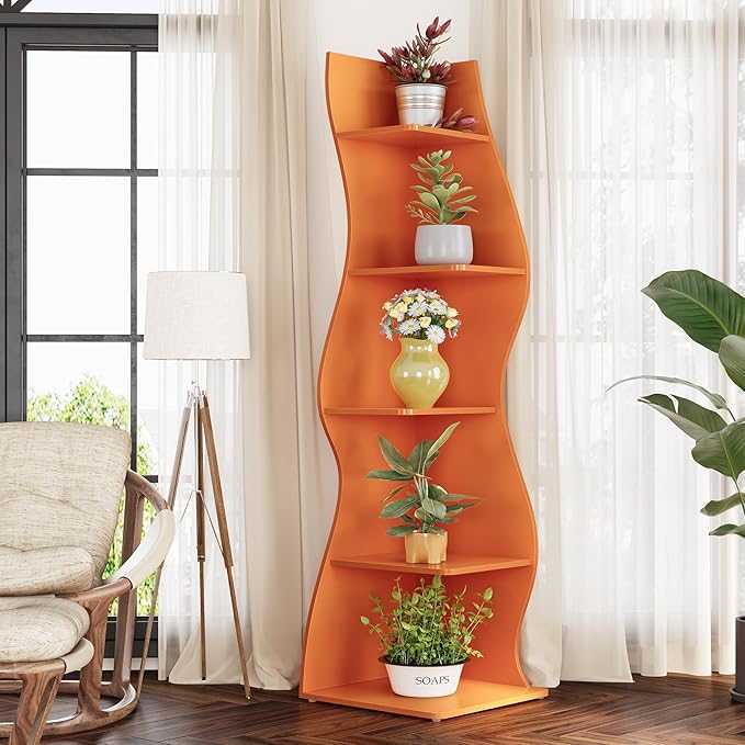 LITTLE TREE Small Corner Shelf, Modern 5-Tier Wall Wavy Corner Bookshelf | Stylish Bookcase Storage Rack for Small Space, Living Room, Bedroom, Orange
