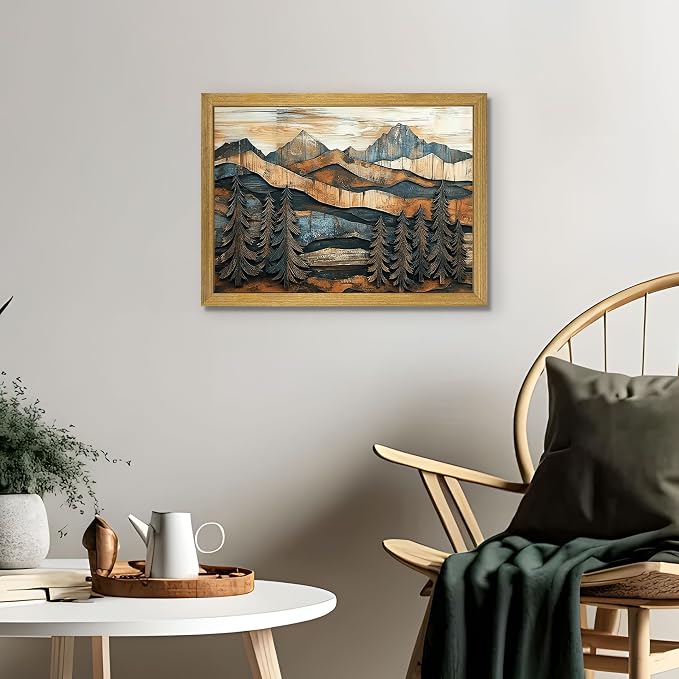 Vintage Boho Mountain Wall Art, Framed Landscape Canvas Wall Art, Nature Forest Wall Decor, Rustic Farmhouse Print Poster Painting for Living Room Bedroom Dining Room 16x24 Inch
