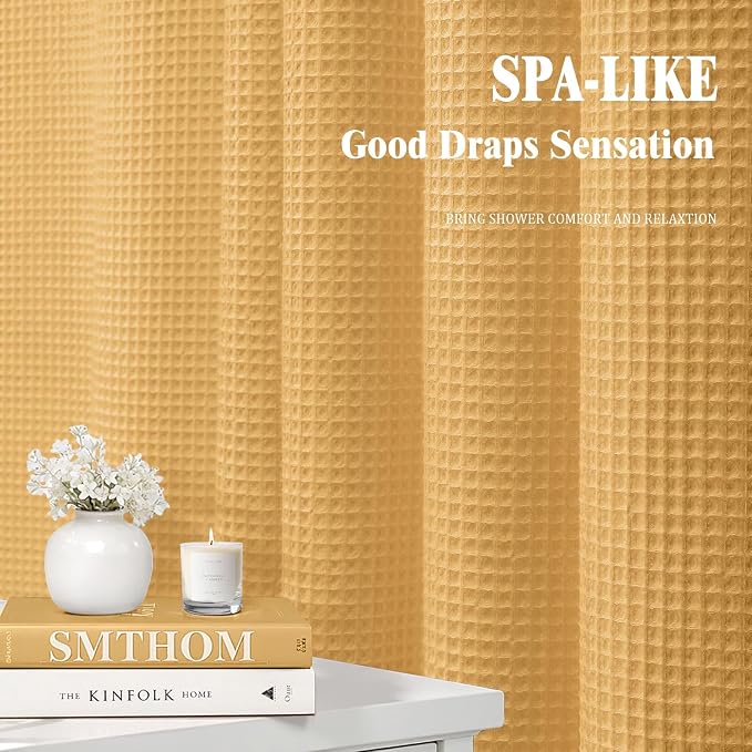 Waffle Weave Shower Curtain Heavyweight Cotton Fabric Gold 72Wx72L | Soft Cotton Cloth,3D Square Truely Waffle Washable, Hotel Luxury Spa, Shower Curtain Set for Bathroom 12 Plastic Hooks