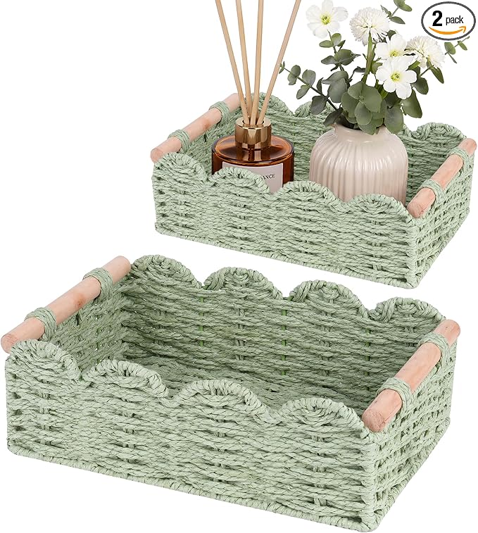 iEGrow Paper Rope Small Storage Baskets for Organizing, Set of 2 Scalloped Edge Wicker Basket with Wooden Handles Toilet Paper Basket for Over Toilet Storage Shelf, Home Decor, Living Room (Green)