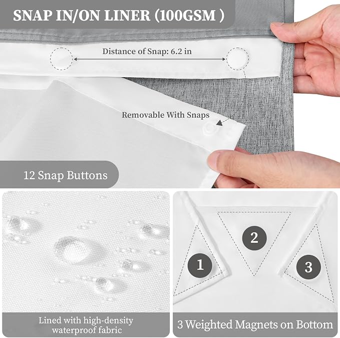 72x87 Ringless Linen Textured Shower Curtain with Snap in Liner, Grey | Extra Long Size, 3 in 1 Durable Fabric Shower Curtain, Removable Liner, Waterproof & Washable, Mesh Top Window, Easy Setup