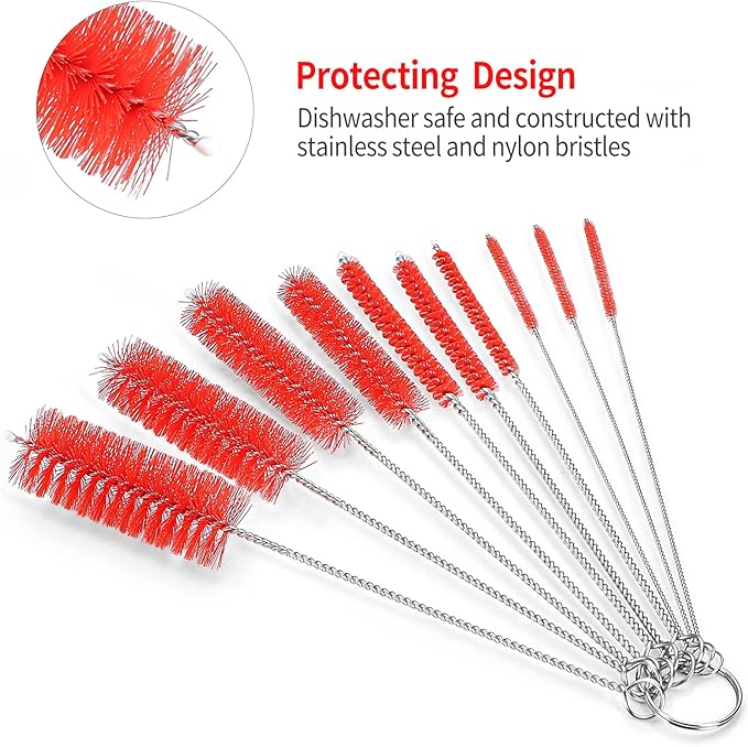 CiaraQ Bottle Cleaning Brushes, 8 Inch Nylon Tube Brush Set | Red Cleaner for Narrow Neck Bottles Cups with Hook, Set of 10pcs.