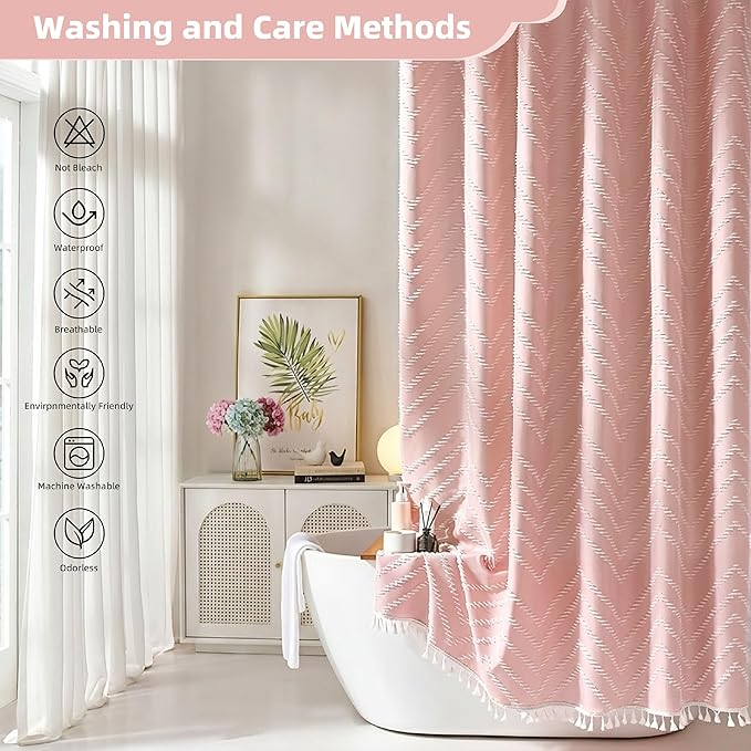 Extra Long Pink Boho Shower Curtain with White Tassel, Woven Fabric 84 in Shower Curtain, Tufted Chevron Striped, 72 x 84, Modern Chic Textured Minimalist Cute Shower Curtain for Bathroom