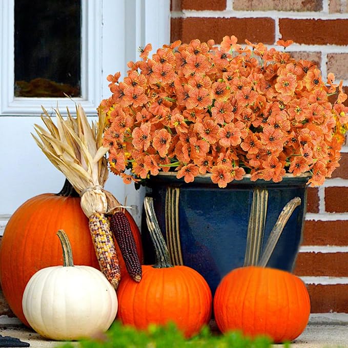 24PCS Artificial Fall Flowers for Outdoors, Fake Mums, Orange | Realistic Faux Silk Flowers, Fall Decorations for Home Porch Yard Planters, Thanksgiving & Harvest Autumn Decor