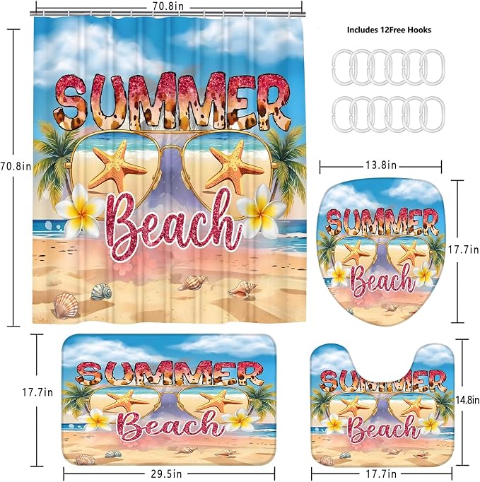 LQCOOL Beach Scene Shower Curtain Set 4Pcs Summery Bathroom Sets with Rugs Waterproof Shower Curtain with 12 Hooks for Bathroom Decor | Waterproof Polyester & Soft Flannel.12 Hooks,Toilet Lid Cover & U-Shaped Mat with Beach Scene for Bathroom