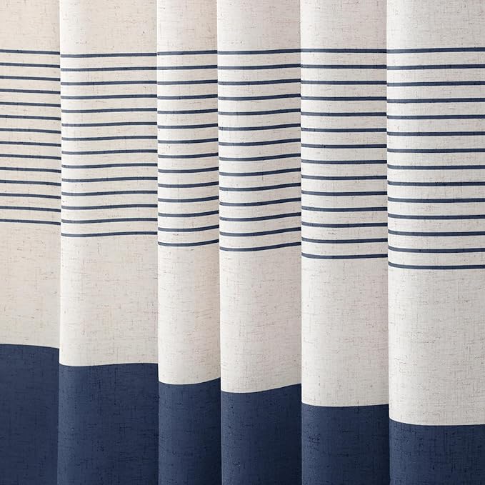 Navy Blue Coastal Ocean Linen Striped Shower Curtain with Tassel 48W X 72L | Boho Farmhouse Shower Curtains with Linen Texture for Bathroom Decor