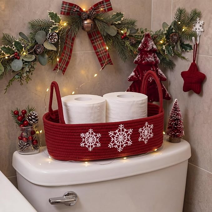 Vesici Snowflake Woven Storage Basket for Toilet, Christmas Bathroom Decor | Cotton Rope Woven, Snowflake Winter Burgundy Red Decor, Holds Toilet Paper, Bathroom Countertop or Tank Top, 13 X 6 X 4 Inch