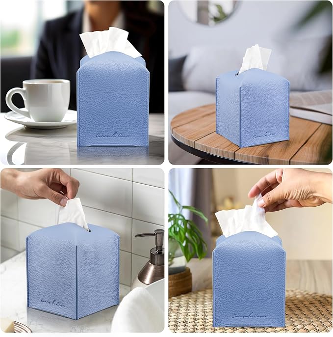 Premium PU Leather Tissue Box Holder - Elegant Hotel-Style Tissue Box Cover for Home, Office & Car Décor, Tissues Cube Organizer for a Natural & Classic Look (Sky Blue 2 Pack)