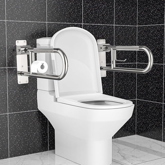 Flip-Up Toilet Grab Bar 24 Inch Chrome, Munzong Handicap Grab Bars | Anti-Slip Bathroom Safety Rails Stainless Steel Knurled Support handrails for Seniors Elderly Disabled Pregnant