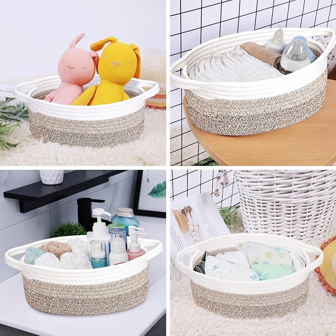 ABenkle Small Basket with Handles, Boho Decorative Rope Woven Dog Cat Toy Storage Bin Shelf Storage Organizer, Easter Christmas Gift Basket, 12"x8"x5"