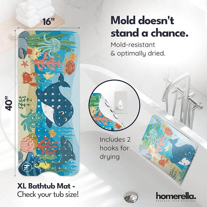 homerella Bathtub Mat Non Slip Kids 40x16 Baby Bath Mat Non Slip Anti Mold | 100% BPA Free, Non Toxic, Mildew Resistant, Machine Washable, Extra Long Kids Bath Mat for Tub Non Slip, Toddler Bath Mat