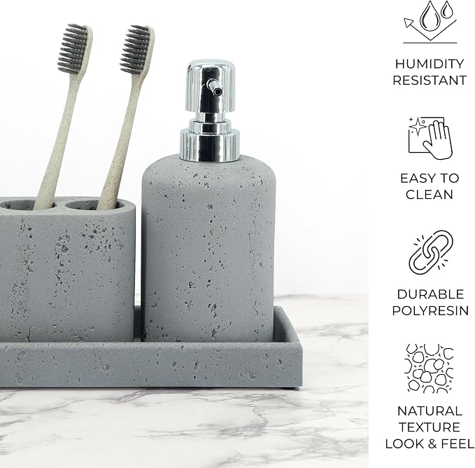-Beige Bathroom Accessories Set 4 Pcs - Toothbrush Holder, Soap Dispenser, Vanity Tray, Bathroom Tumbler - Countertop Vanity Organizer - Bathroom Accessory Set- Toothbrush Holder Set, Stone Sets