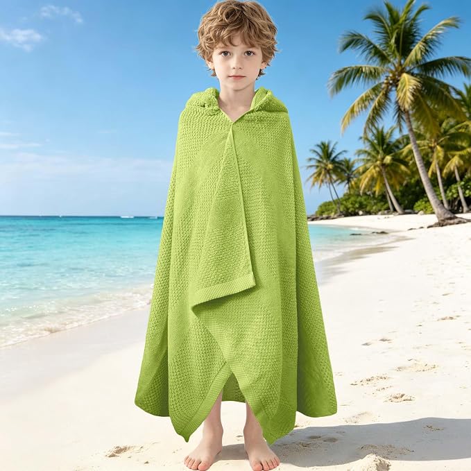 VOOVA & MOVAS Kids Hooded Towel, 6-10 Years, 100% Cotton,Green Waffle | Vertical Waffle Textured Surface, Ultra Plush, Great for Beach, Pool and Bath Time
