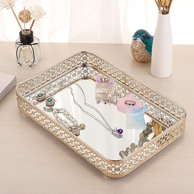 ELLDOO Gold Mirror Glass Perfume & Makeup Vanity Tray, Medium Size | Hollow-Carved Jewelry Storage, Metal Trinket Organizer for Dresser Bathroom Countertop Home Decor