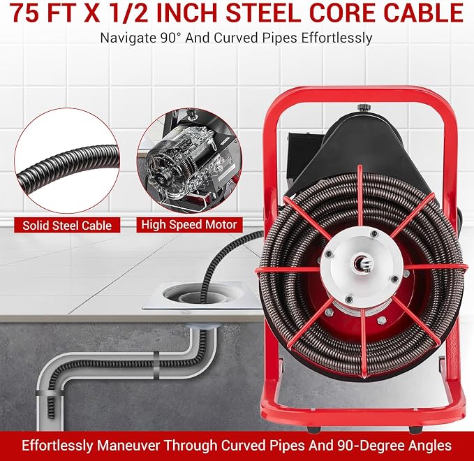 75FT x 1/2 Inch Drain Cleaner Machine, Drain Auger Manual Feed, 370W Electric Drain Snake Cleaning Machine with 4 Cutters & Air-Activated Foot Switch for 2" to 4" Pipes