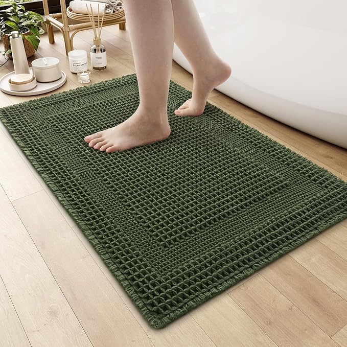 AMOAMI Waffle Bath-Mat, Absorbent Bath Mats for Bathroom Non Slip, Machine Washable Bathroom Rugs with Tassels Ultra Soft Boho Bath Rugs for Floor 24"x36" Dark Green