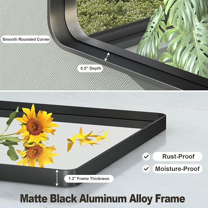 40x36 Inch Black Framed Bathroom Mirror for Wall, Black Metal Framed Mirror, Rounded Rectangle Bathroom Vanity Mirror, Anti-Rust, Shatterproof (Horizontal/Vertical) | Black Metal Framed Mirror, Rounded Rectangle Bathroom Vanity Mirror, Anti-Rust, Shatt...