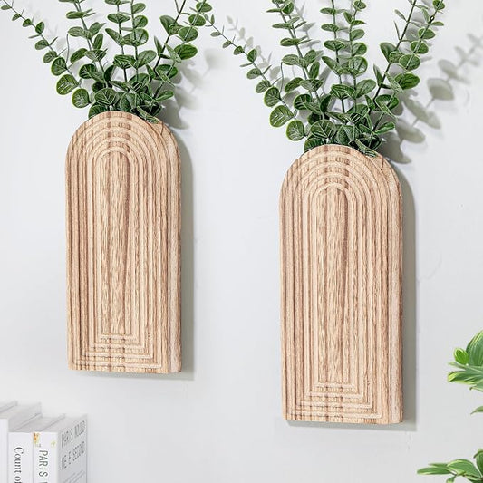 Handmade Wooden Wall Vases Set of 2 for Plants | Boho Rustic Farmhouse Decor for Indoor Artificial Plants and Flowers. Perfect for Living Room, Bedroom, Bathroom, or Patio