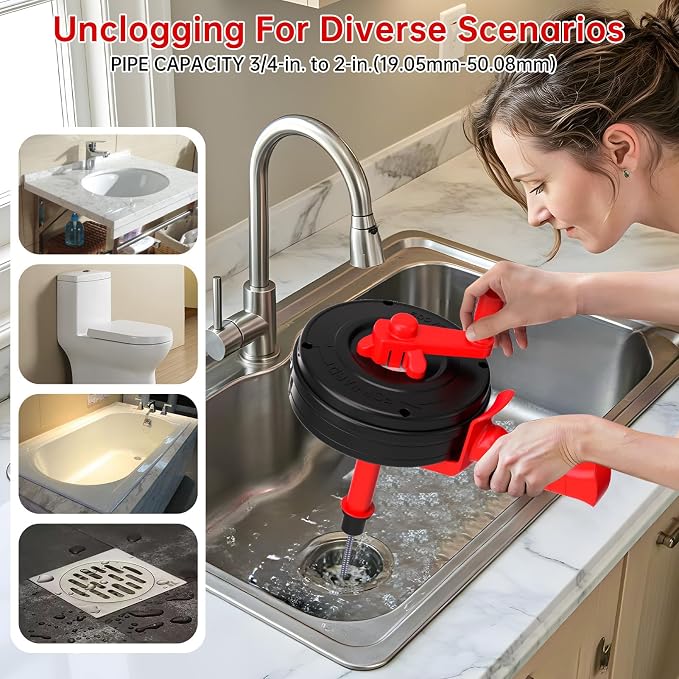 25 Feet Drain Snake Auger SEVVETROOL Plumbing Snake Drain Hair Clog Removal Tool | Plumbing Snake Clog Remover with Glove for Shower,Bathtub,Sink,Kitchen,Sewer(7.5M/25ft,Red)