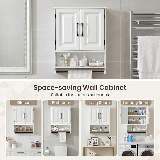 Bathroom Wall Cabinet, 25"x19" Farmhouse Wall Mounted Medicine Cabinet with 2 Raised Panel Doors, Adjustable Shelf & Towel Bar–Over Toilet Storage Organizer for Laundry Room, Entryway or Small Spaces