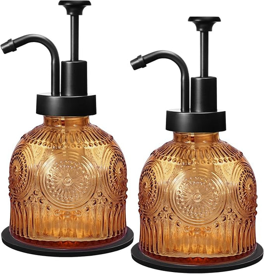 Amolliar 8 Oz Glass Vintage Soap Dispenser Plastic Black Pump,Brown,2pc | Antique Rustic Hand Soap Dispenser for Bathroom/Kitchen, Vintage/Farmhouse/Boho Style,Pump Dispenser, Refillable, Non-Slip