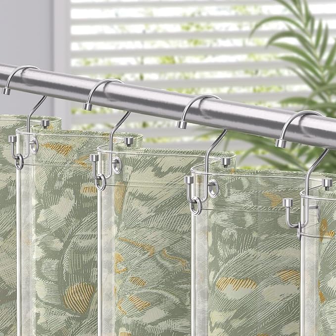 Bathway 12-Pack Double Shower Curtain Hooks, Rust-Resistant Metal Shower Curtain Rings with High-Low Design to Separate Liner & Curtain, Smooth Glide, Chrome