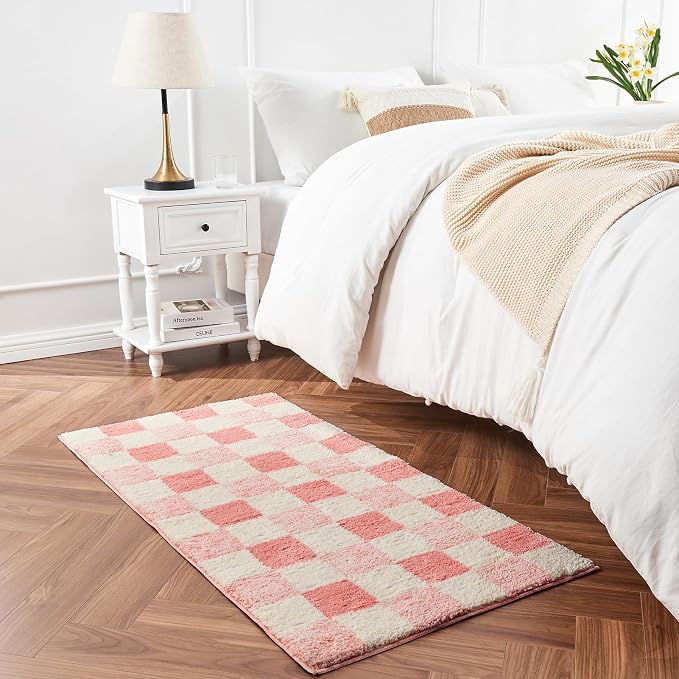 CozeCube Blossom Pink Checkered Bath Mat 32"x20" Non Slip Washable Rug | For Bathroom Non Slip, Fluffy Absorbent Microfiber Bath Mats Machine Wash, Stylish Cute Aesthetic Bathroom Rugs