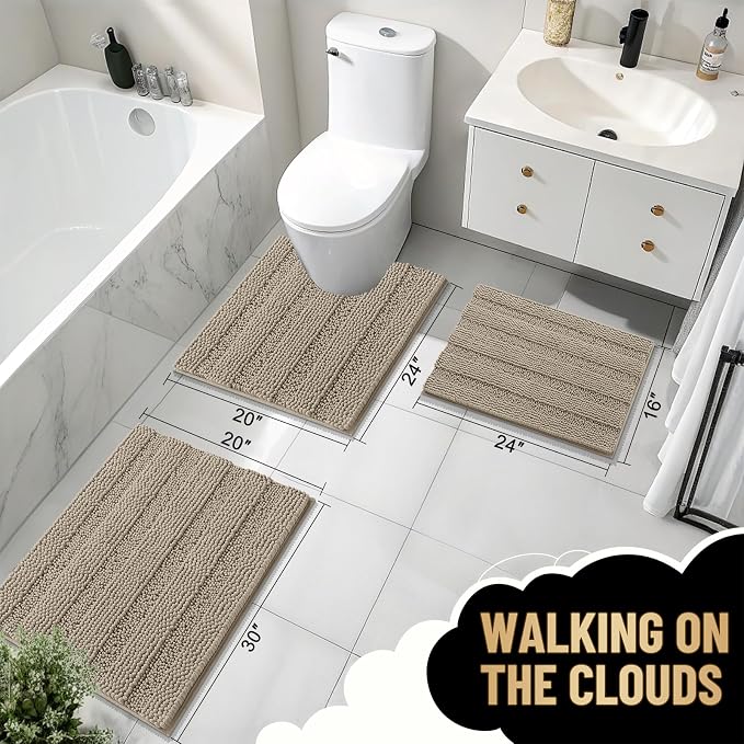 OLANLY Thick Bathroom Rugs 36x24, Chenille Striped Bath Rugs, Warm Taupe | Rubber Backing, Machine Wash, Extra Soft Absorbent Bath Mats for Bathroom Floor, Tub and Shower, Home Decor Accessories
