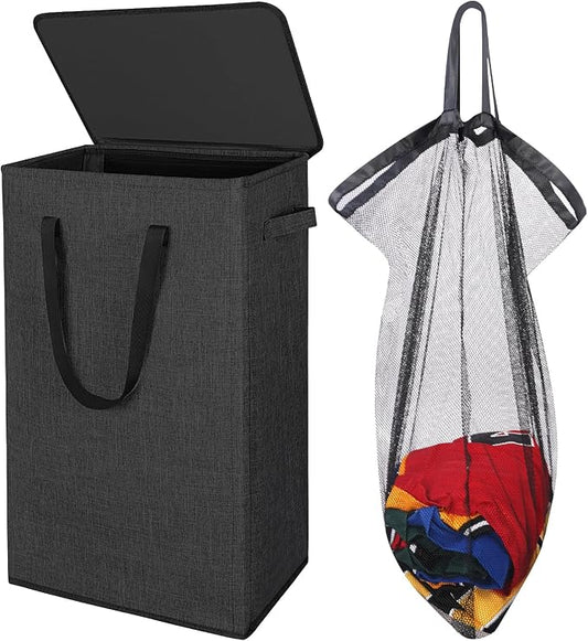 Odonata 75L Slim Laundry Hamper with Lid,Large Foldable Laundry Basket with Removable Bag and Handles Tall Collapsible Dirty Clothes Basket Great for Bedroom, Bathroom, Dorm, College,RV.(Black, 75L)