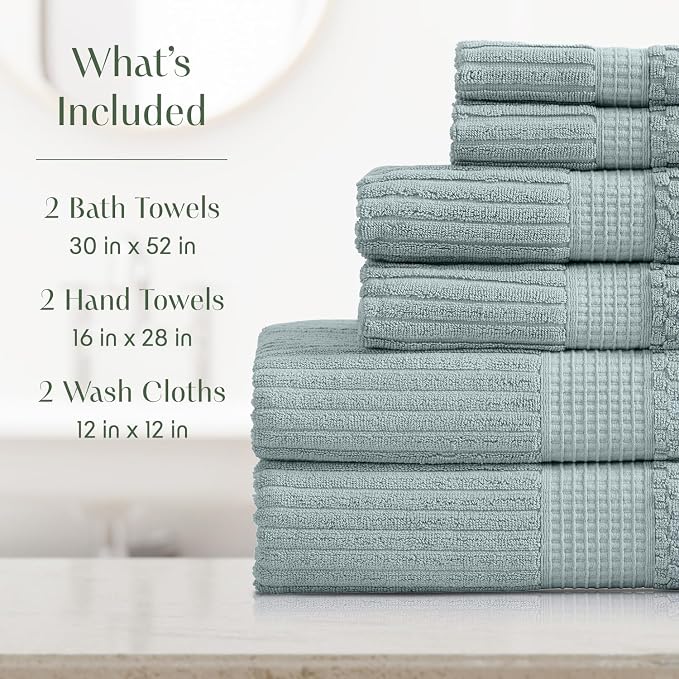 100% Cotton Bath Towel Set | 6-Piece Set | Silver Blue | Absorbent & Quick-Dry Bathroom Towels | Textured and Durable Cotton Towels for Bathroom | OEKO-TEX | Krista Collection