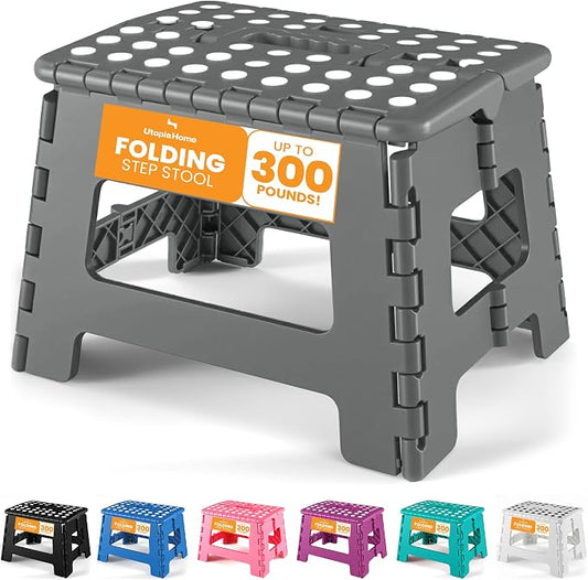 Utopia Home Folding Step Stool 9 Inch, Anti-Slip, Grey, 1-Pack | Foldable step stool with anti-slip surface, built-in handle, and 300 lbs support for safe home use.