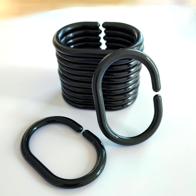 Shower Curtain Rings Plastic Shower Curtain Hooks C-Shaped Rings Hook Hanger Bath Drape Loop Clip Glide for Bathroom Shower Window Rod (Black, 12)