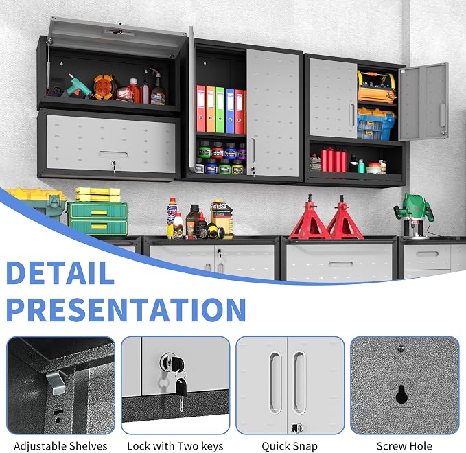 Metal Storage Cabinet for Garage, Tool Cabinet, Utility Cabinet | Wall Mounted, Hanging Tool Cabinet, Lockable, 2 Doors, Adjustable Shelves, Assembly Required, Black & Grey