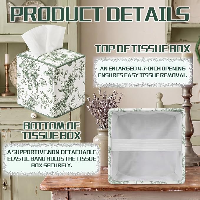 Green Fabric Tissue Box Cover Floral Print Cotton Tissue Box Decorative Square Napkin Holder Vintage Cottagecore Home Decor for Bathroom Bedroom Vanity Countertop Home Office Kitchen