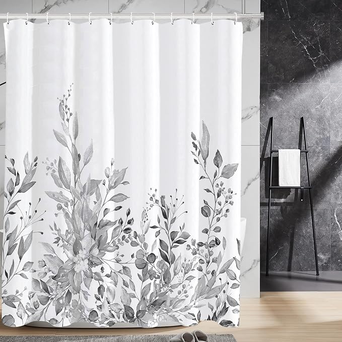 Tititex Light Grey Eucalyptus Shower Curtain, Watercolor Bright Gray Leaves Plant with Floral Bathroom Decoration Shower Curtain Sets 71x71 Inch with Hooks