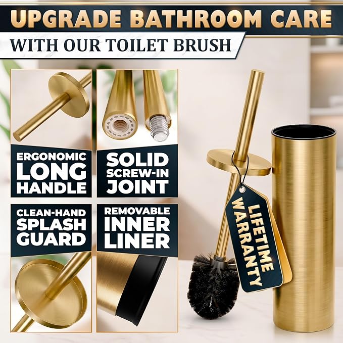 Toilet Bowl Brush with Holder, Stainless Steel Material, Replaceable Head | Gold Toilet Brush and Holder Set, Splash Protection & Dense Bristles for Bathroom Cleaning, Corrosion & Scratch Resistant