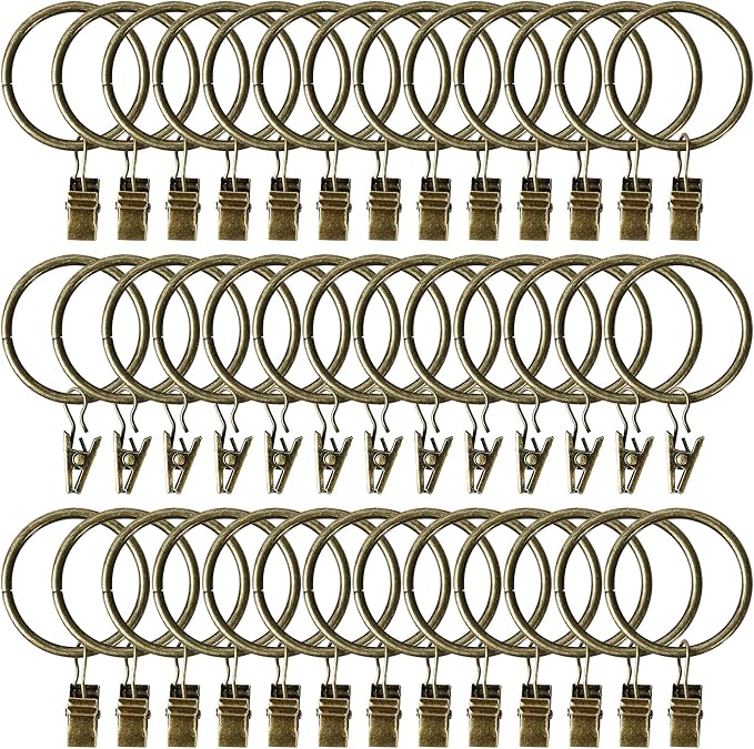 Lansian 44 Pack Curtain Rings with Clips Hooks 1.5 in Diameter Rustproof | Metal Stainless Steel Drapery Rings for Tension Rod Bracket Eyelets Decorative Hanger, Fits 1.38 in Rods, Antique Brass
