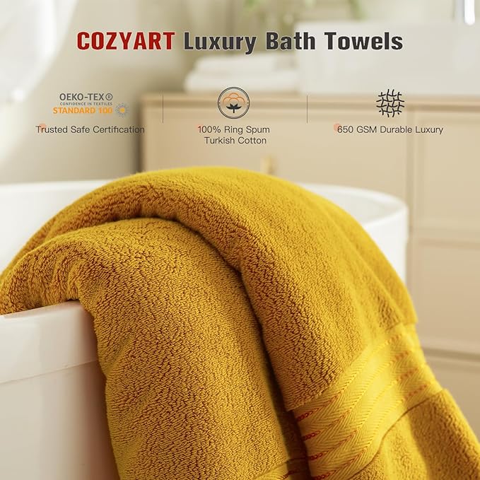 COZYART Luxury Bath Towels 4 PCS, 27x54 650 GSM Turkish Cotton, Gold | Zero Twist 100% Ring Spun Cotton, Fluffy, Ultra Soft, Super Absorbent, Quick Dry, Large Towels for Hotel Spa Bathroom Shower