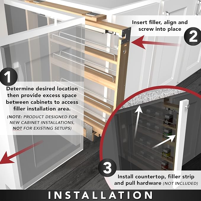 Rev-A-Shelf Kitchen Cabinet Pullout Wall Filler, 3" W x 30" H | Wooden Slide Out Pantry Storage Organizer that fits Between Two Kitchen Cabinets, New Construction Only, 432-BF-3C